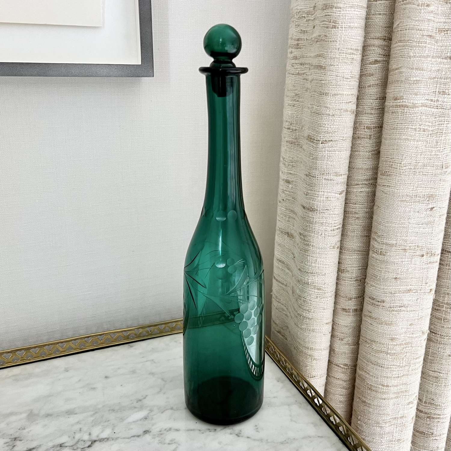 Victorian Vine Etched Emerald Glass Bottle Decanter