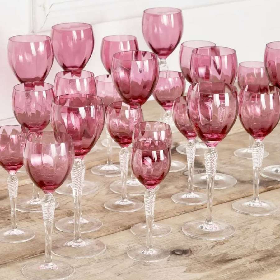 Suite Of Tall Twisted Stem Pink Glass Wine Glasses
