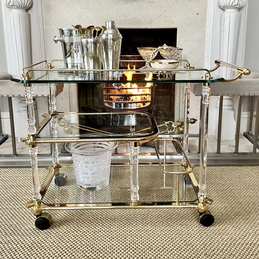 Hollywood Regency Gold Plated & Lucite Cocktail Trolley Circa 1970s
