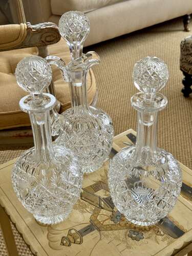 Trio Superb Crown Etched English Crystal Wine Decanters