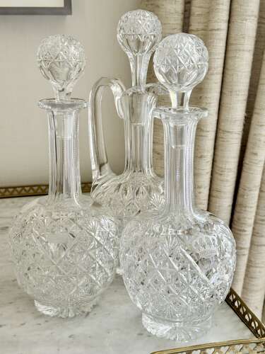 Trio Superb Crown Etched English Crystal Wine Decanters