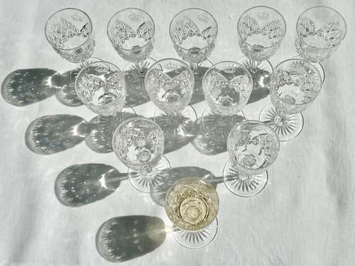 Set Of 12 Crown Etched Crystal Glasses By Thos Webb