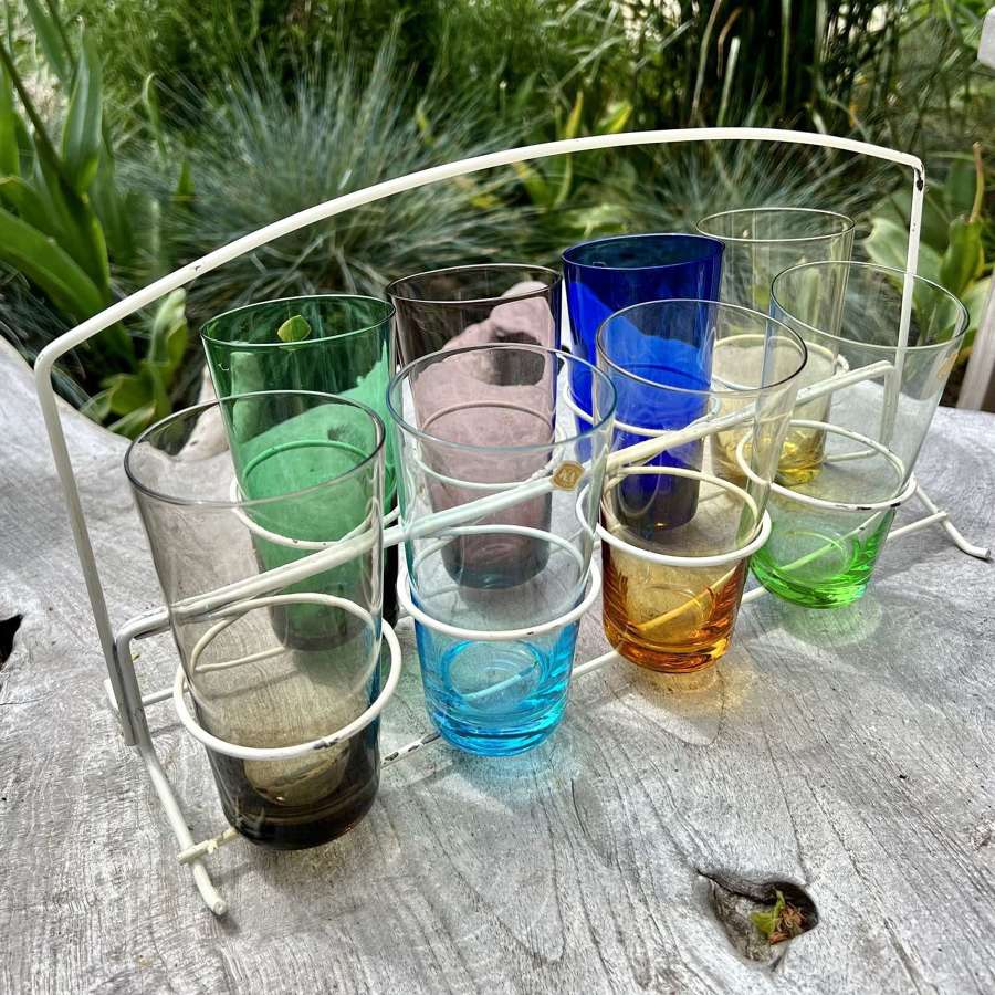 1950S Harlequin Glass Tumblers Carry Caddy set