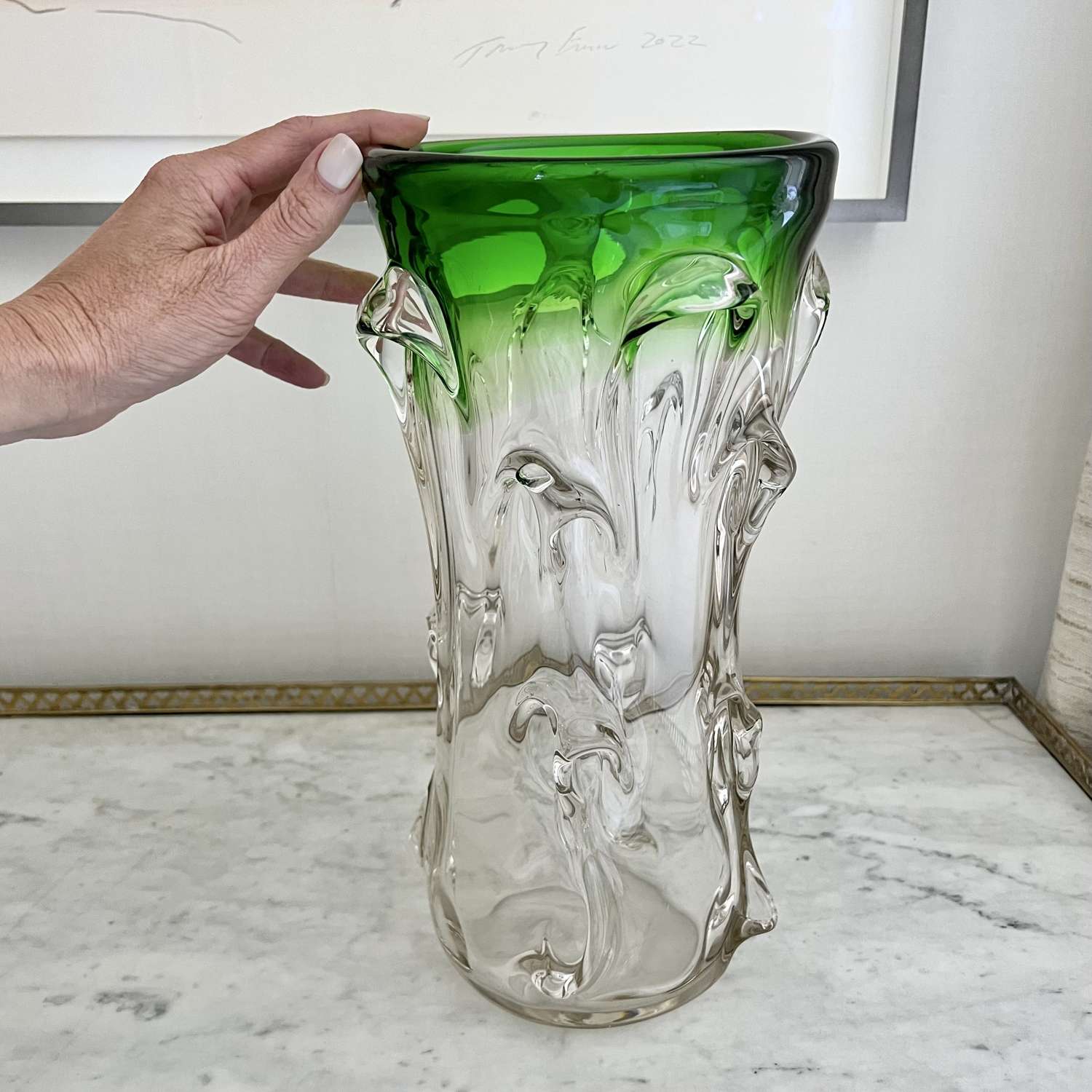 Extra Tall Studio Green Fade To Clear Art Glass Vase 1960s