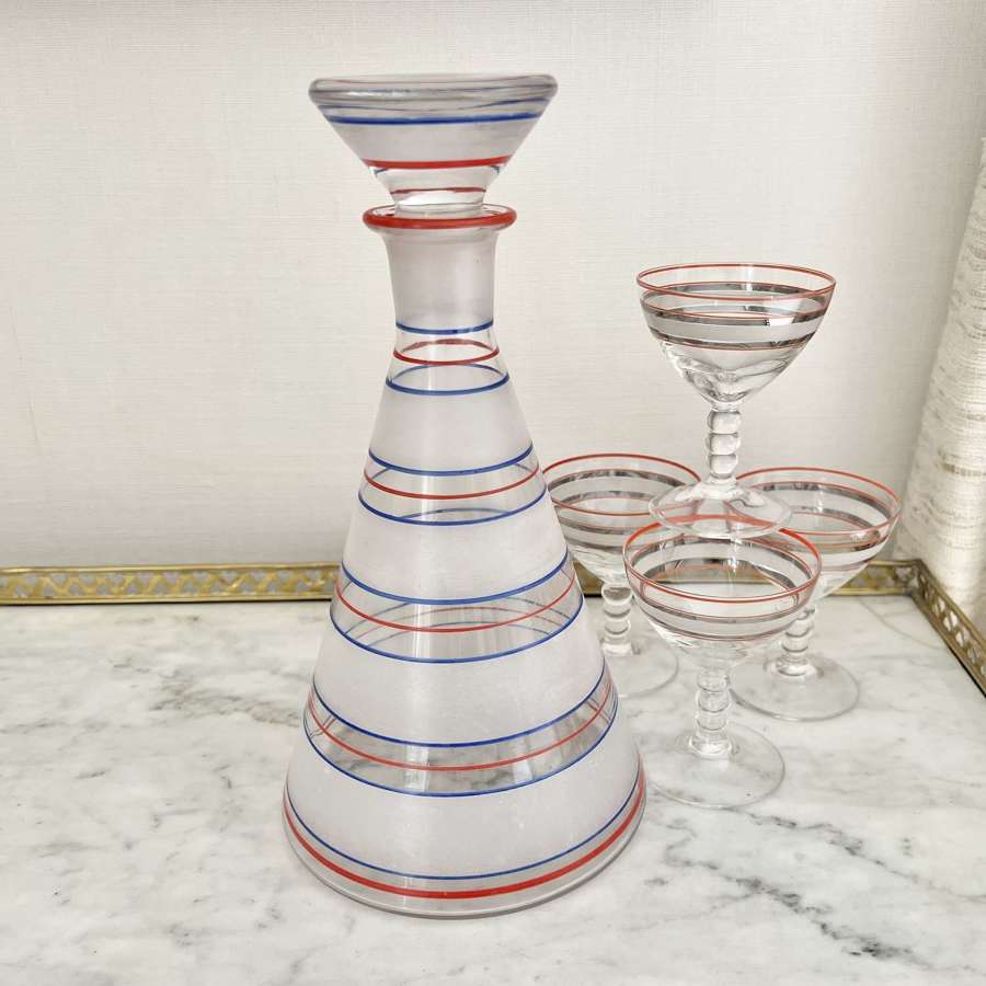 Art Deco Frosted Red & Blue Enamel Ring Decanter