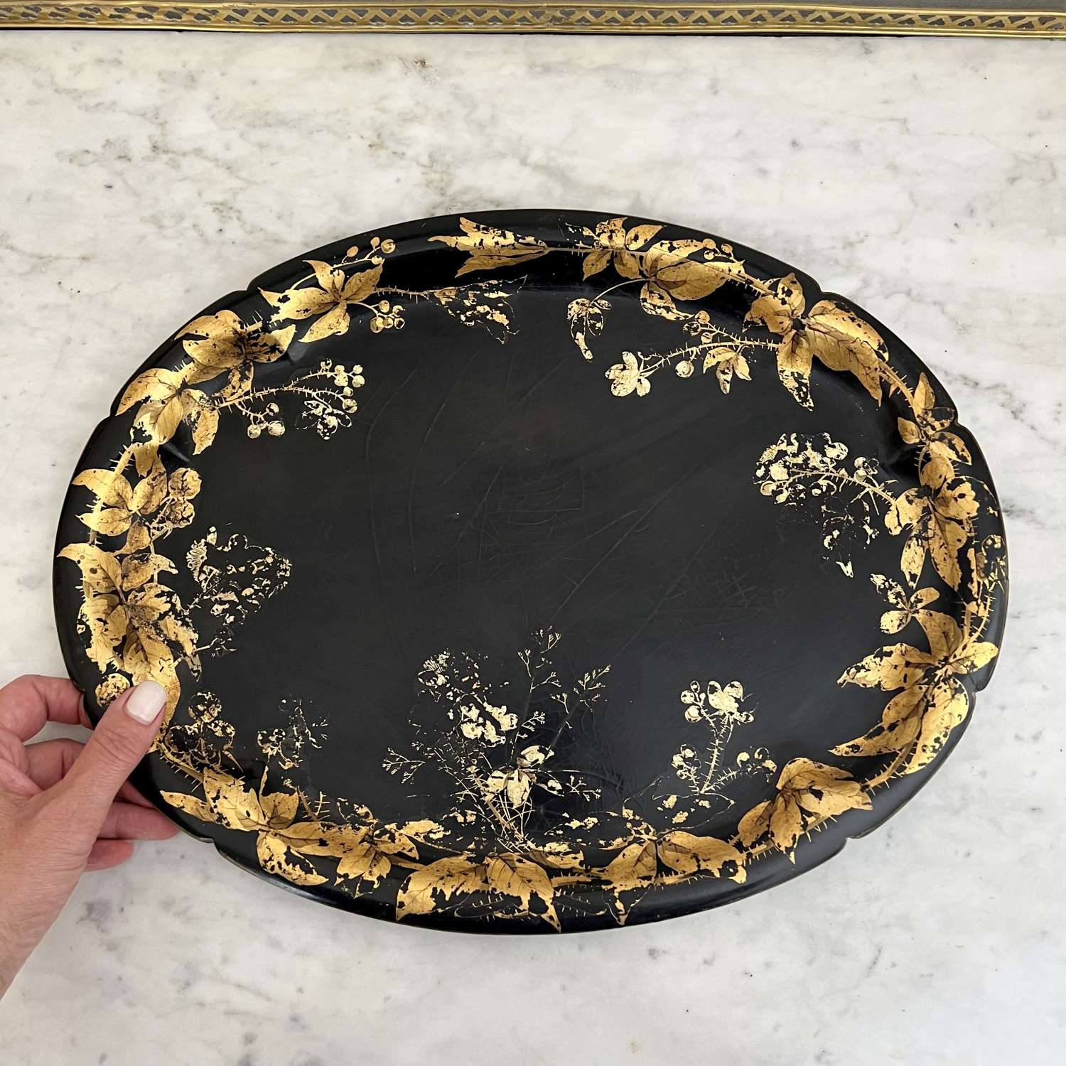 Neat Victorian Papier-Mâché Gold Tooled Serving Tray Circa 1860s