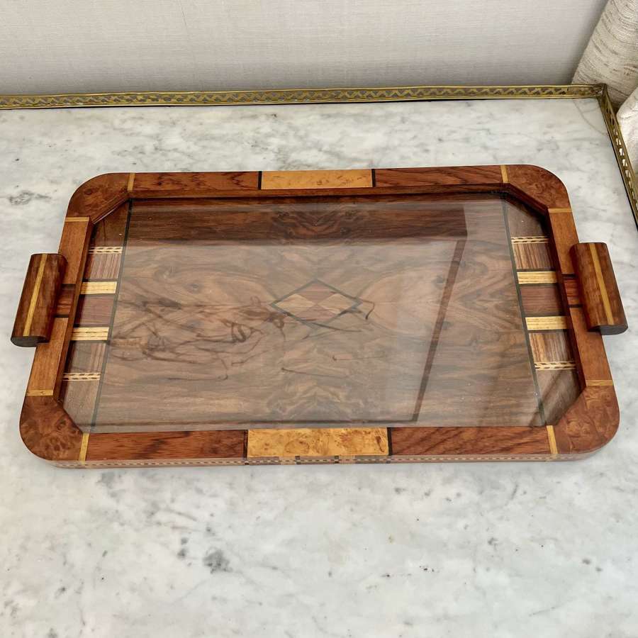 Art Deco Inlaid Wooden Serving Drinks Tray