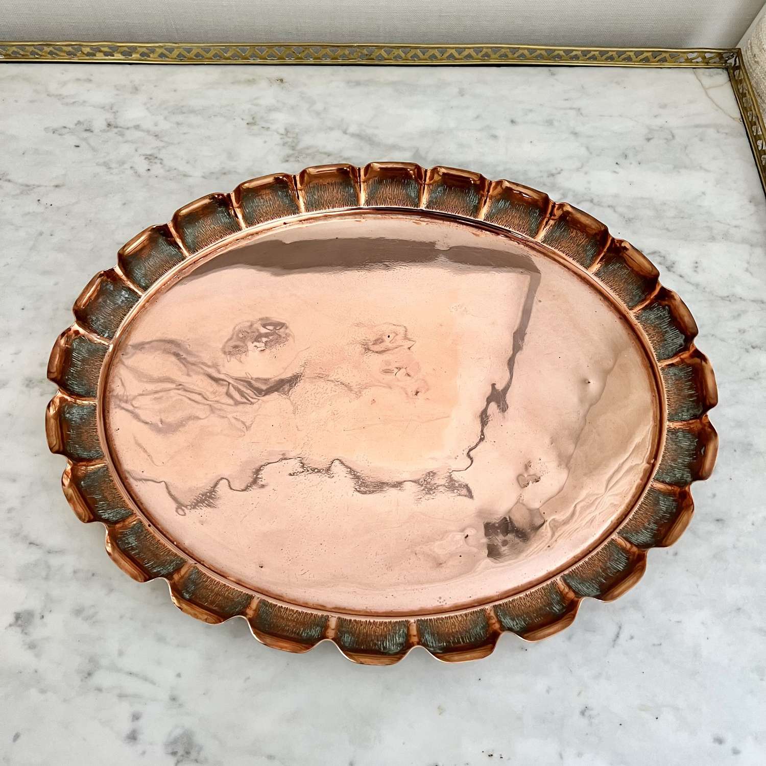 English Copper Pie Crust Oval Serving Tray 1910s