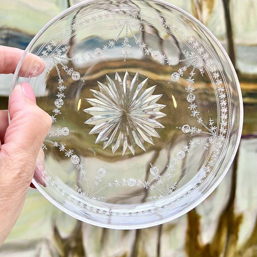11 Pretty Etched Glass Pudding Plates By Stuart & Sons, Circa 1920s