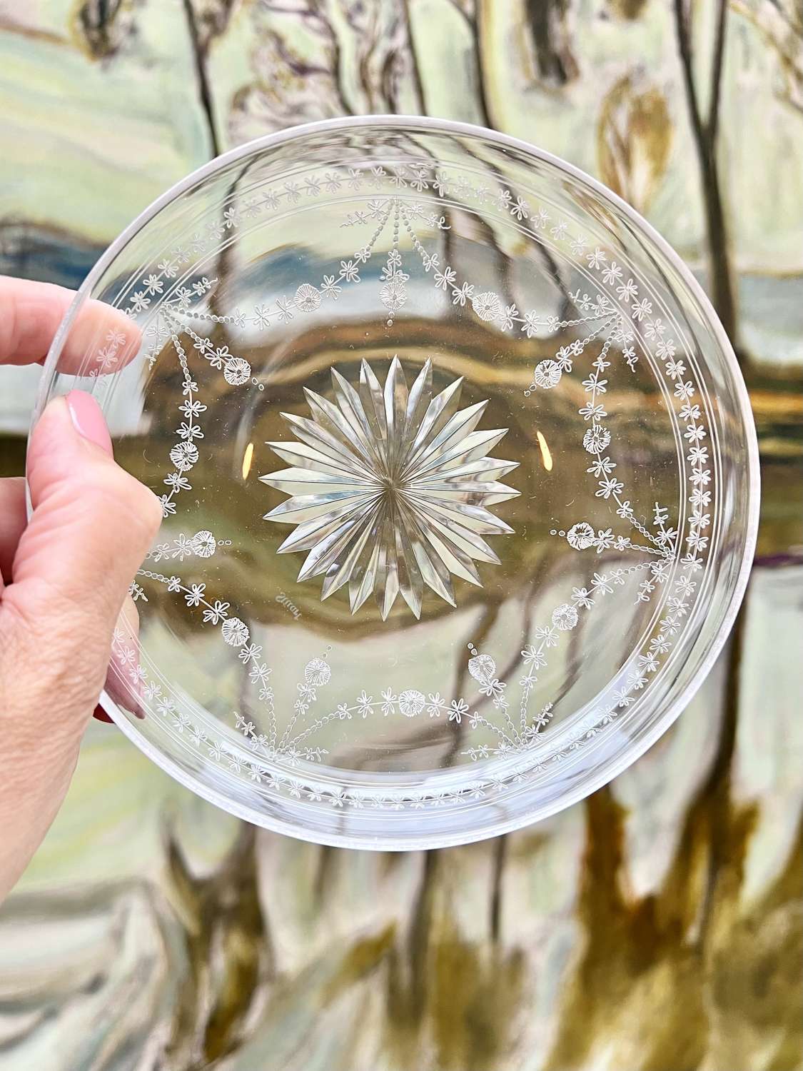 11 Pretty Etched Glass Pudding Plates By Stuart & Sons, Circa 1920s
