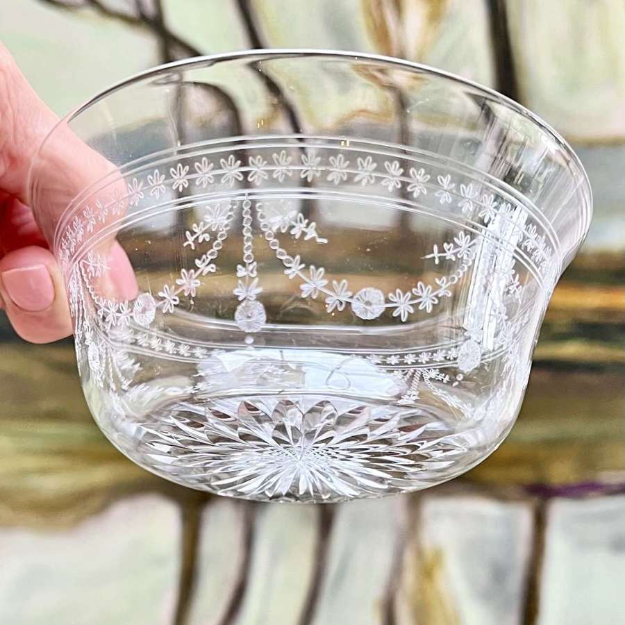 11 Pretty Etched Glass Pudding Bowls By Stuart & Sons 1920s