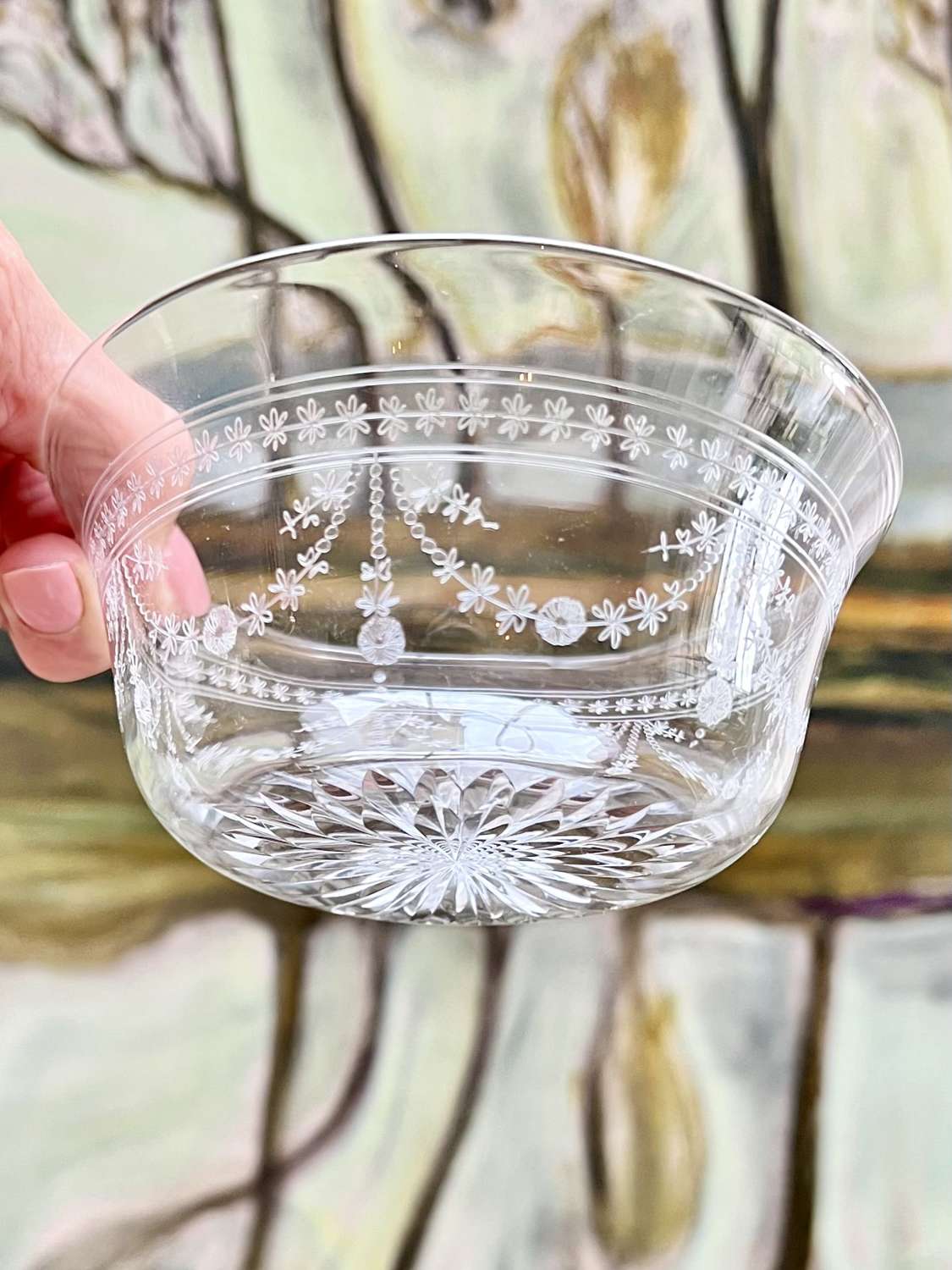 11 Pretty Etched Glass Pudding Bowls By Stuart & Sons 1920s