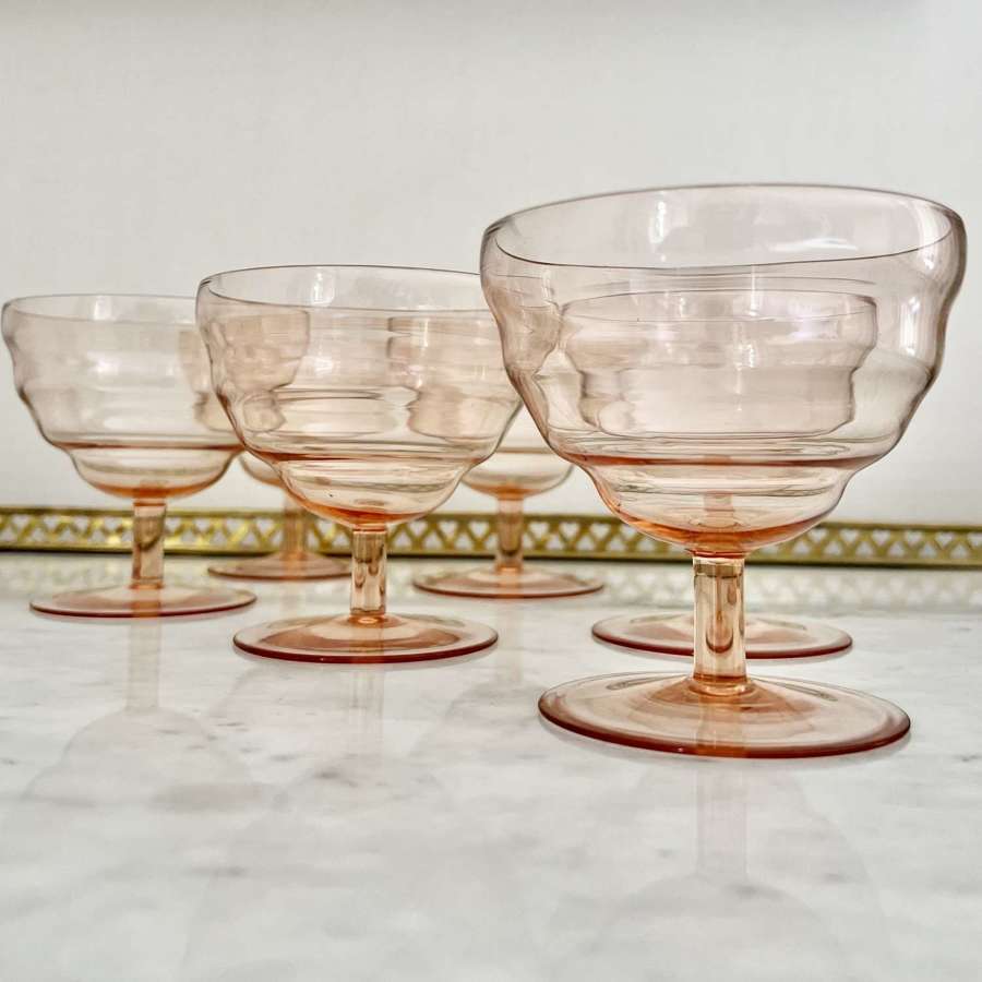 6 Blush Pink Glass Pedestal Pudding Bowls 1940s