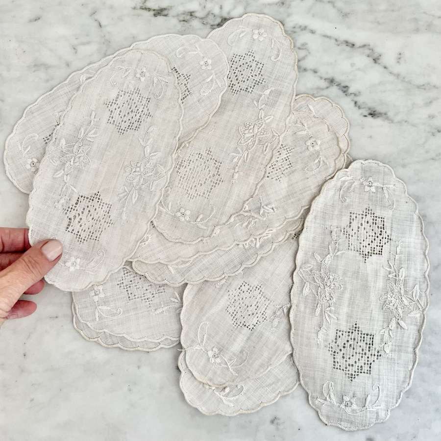 12 Victorian Embroidered Linen Oval Cocktail Napkins