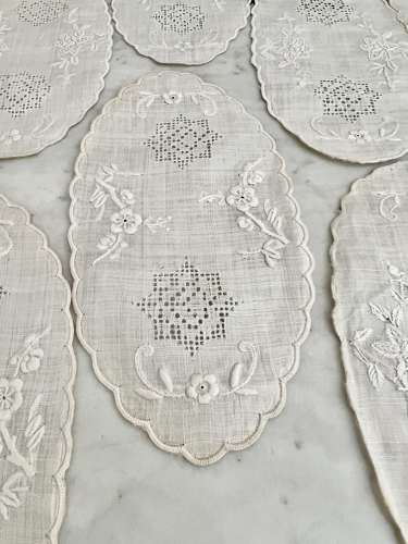 12 Victorian Embroidered Linen Oval Cocktail Napkins
