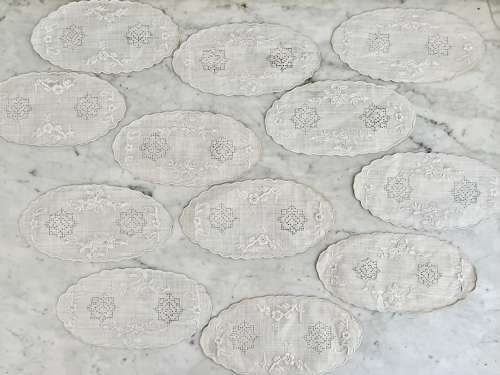 12 Victorian Embroidered Linen Oval Cocktail Napkins