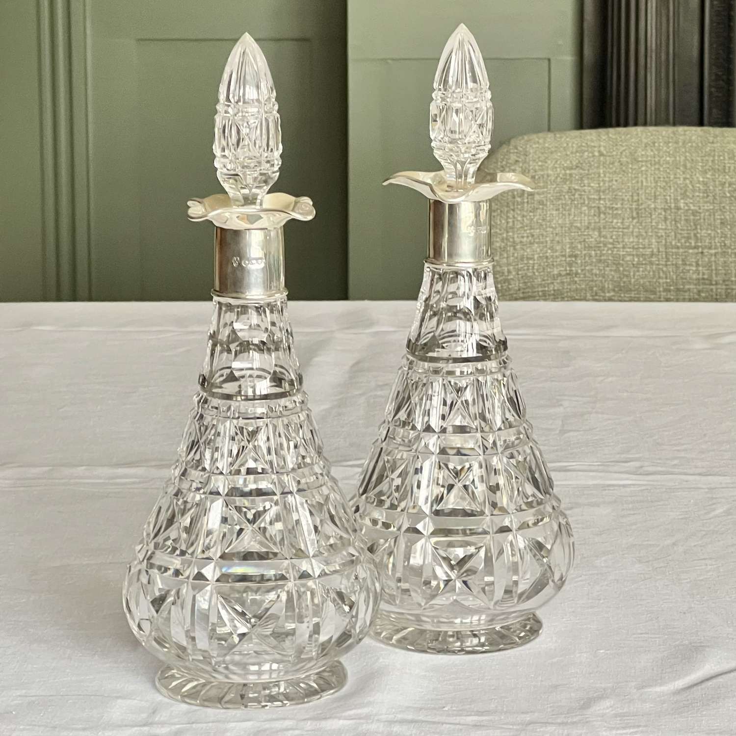 Pair Art Deco Silver Collar Crystal Decanters Date 1924