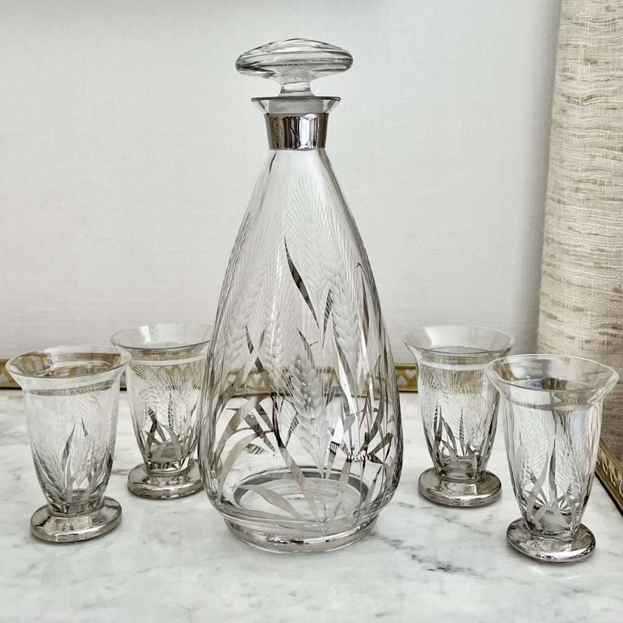 Art Deco Intaglio Etched Wheat Cocktail Decanter & Glasses