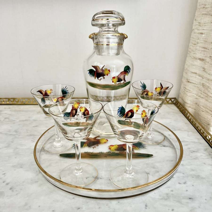 Enamelled cockerel cocktail shaker, tray & glasses 1930s