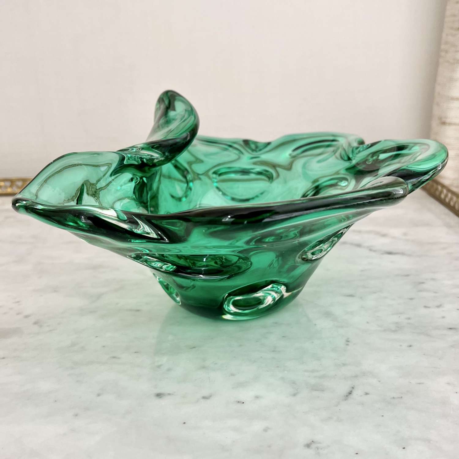 Large Italian Emerald Glass Bowl With Foldover Rim