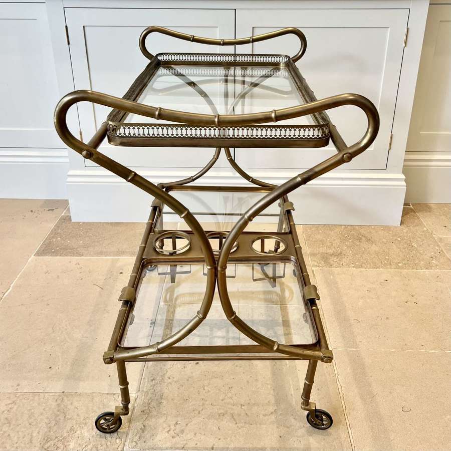 Vintage Patinated Brass Faux Bamboo Drinks Trolley