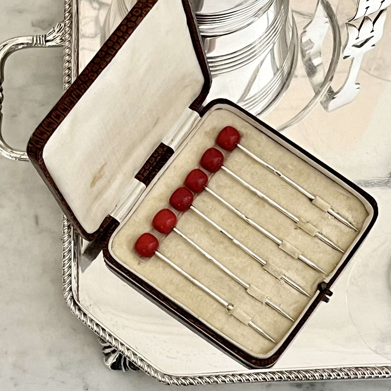 Art Deco Silver & Bakelite Cherry Finial Cocktail Sticks