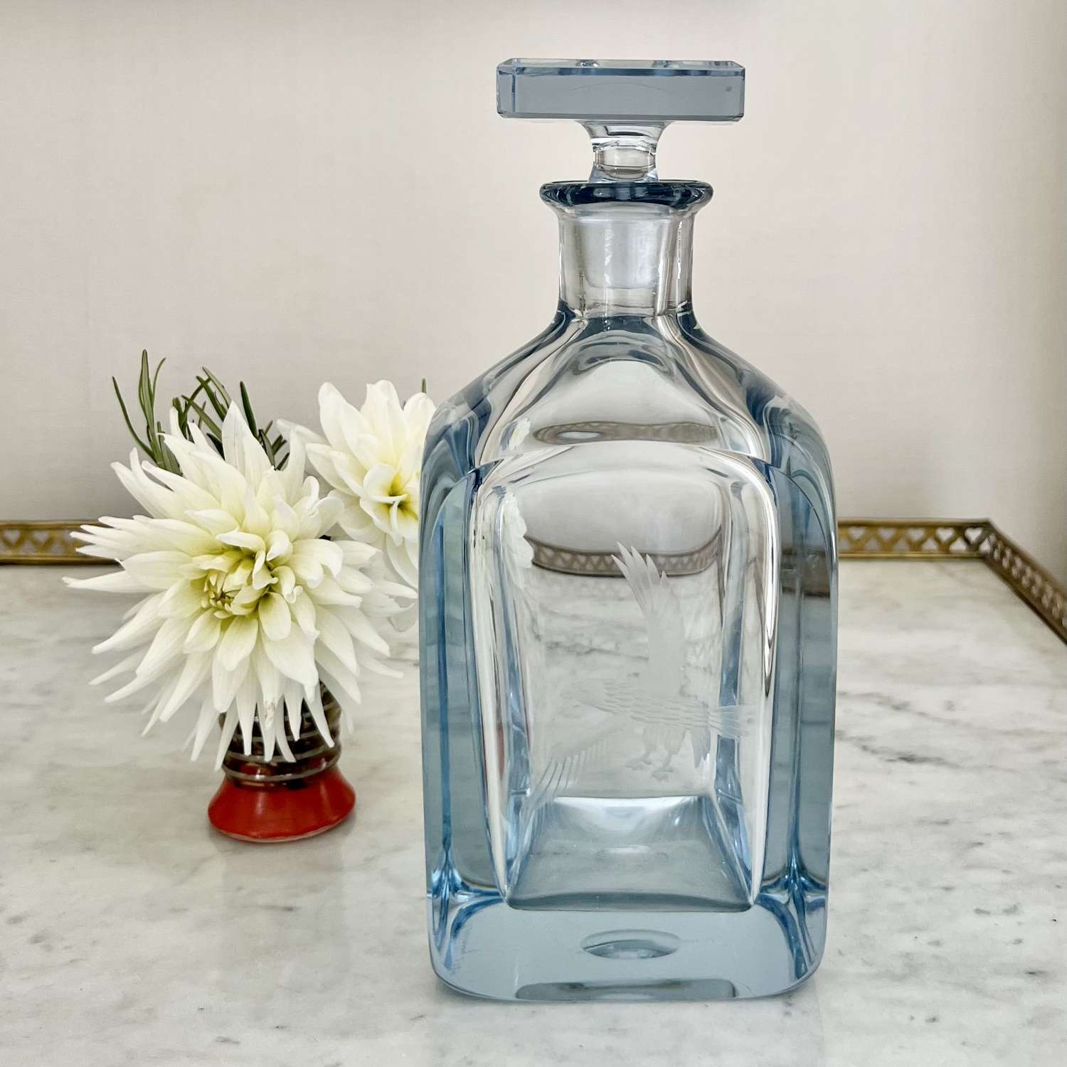Mid 20th Century Stromberg Eagle Etched Ice Blue Decanter