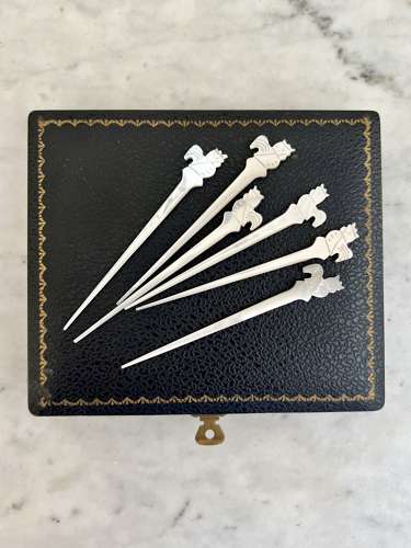 Carved Mother Of Pearl & Silver Cockerel Cocktail Sticks