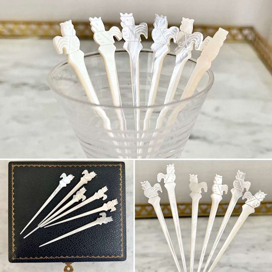 Set Of Mother Of Pearl Carved Cockerel Cocktail Sticks