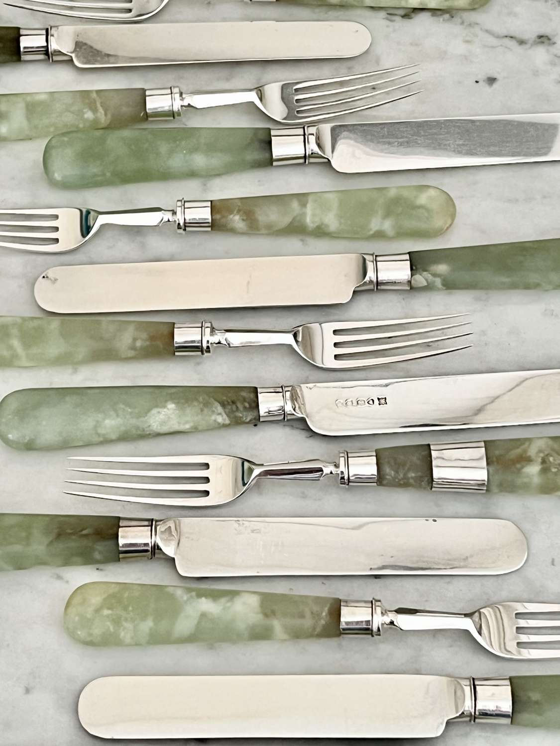 Green Agate Handled Silver Knives & Forks For 12