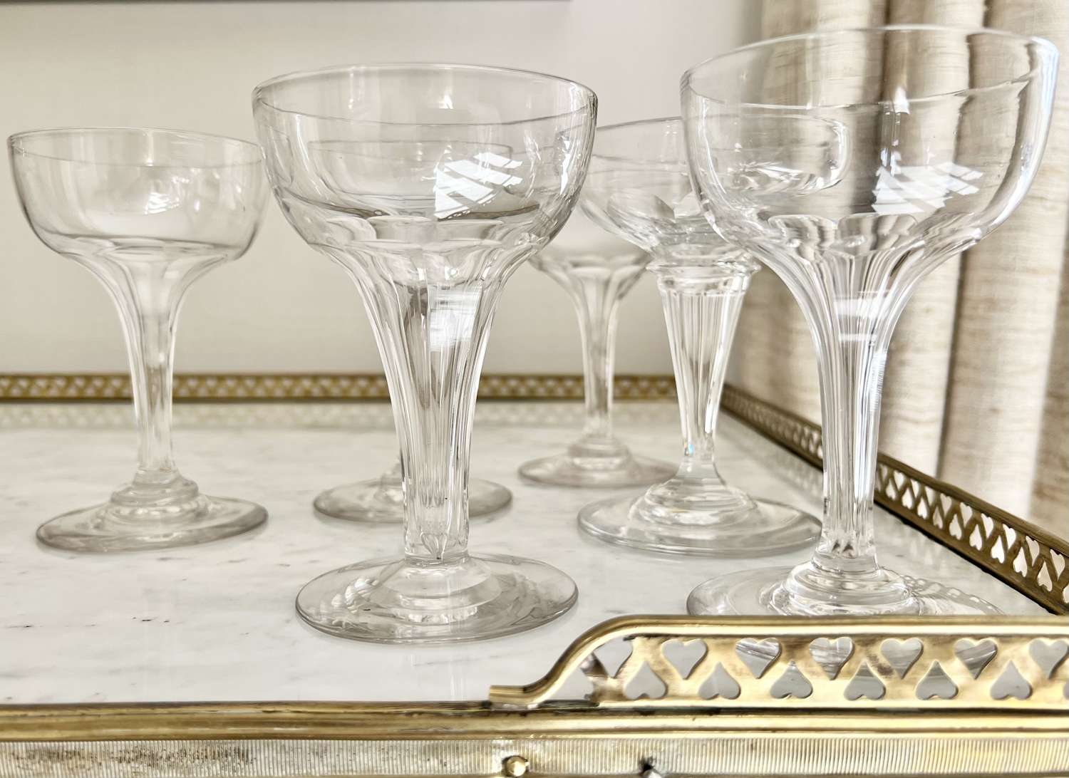 Six Victorian Hollow Stem Champagne Coupe Glasses