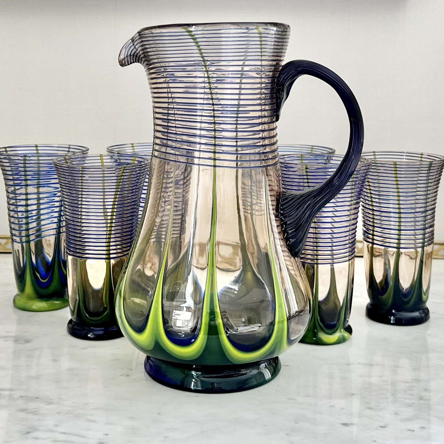 Art Nouveau Czech Peacock Design Glass Lemonade Set