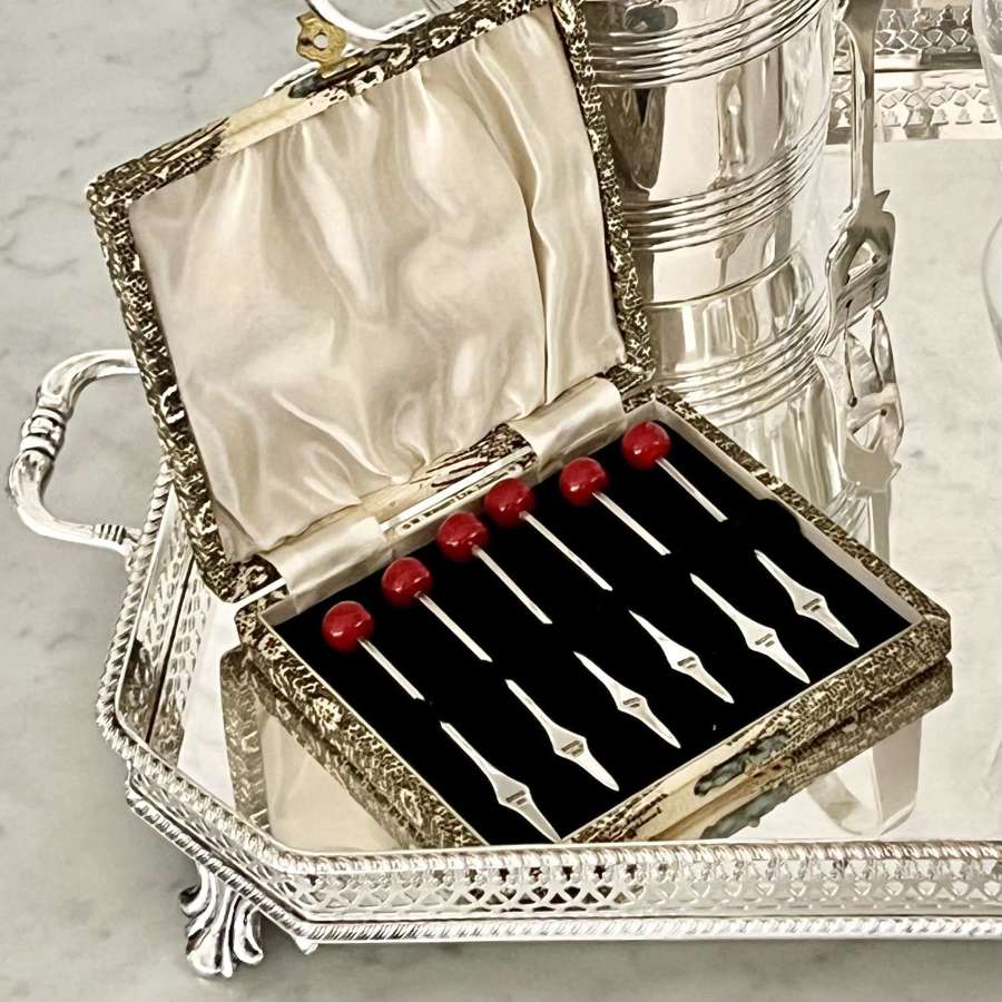 Superb Large Scale Silver & Bakelite Cherry Cocktail Sticks 1935