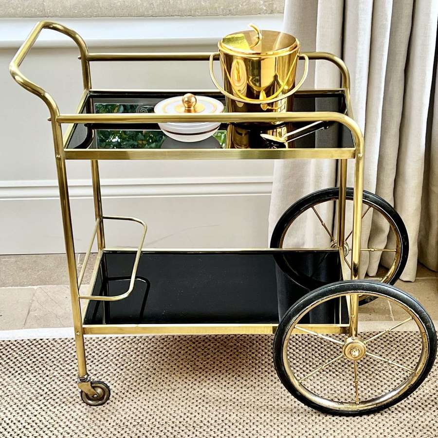 Vintage Brass & Black Glass Drinks Trolley Bar Cart Circa 1960s
