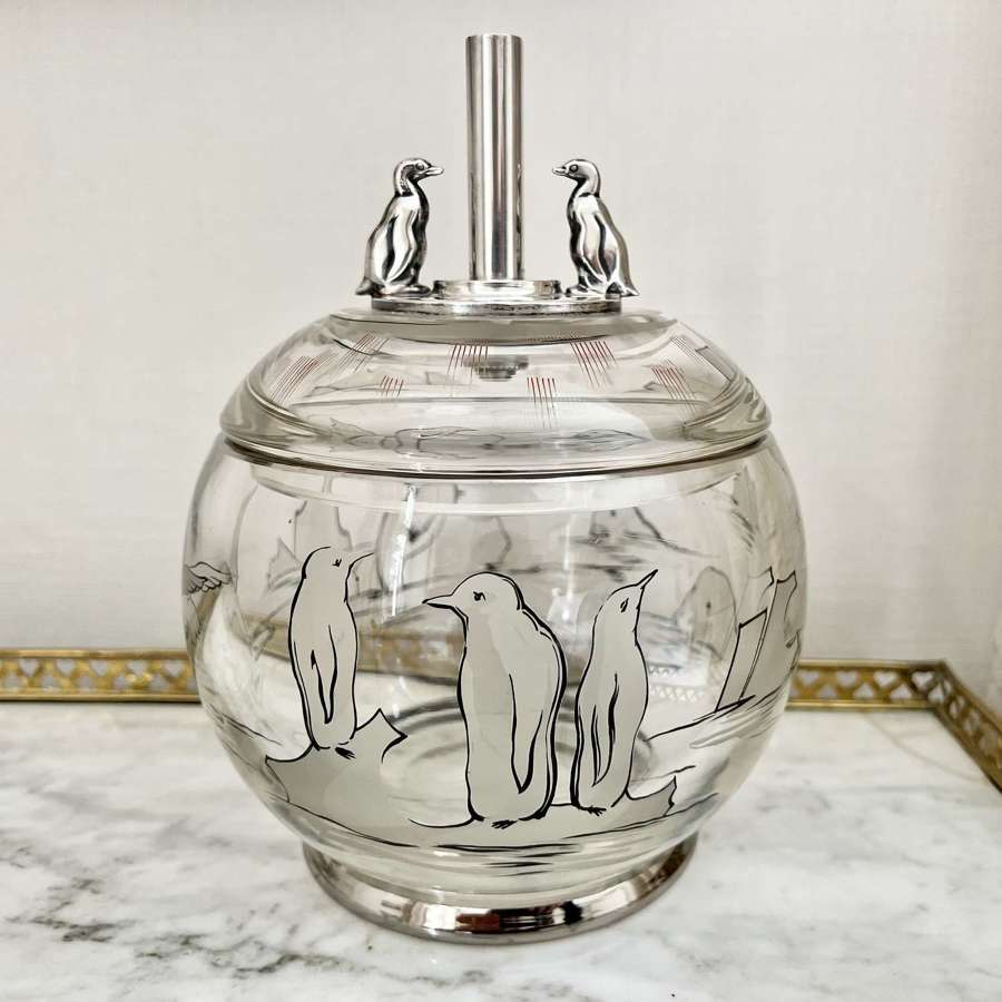 Rare Art Deco Enamelled Crystal & Silver Ice Bucket 1940s