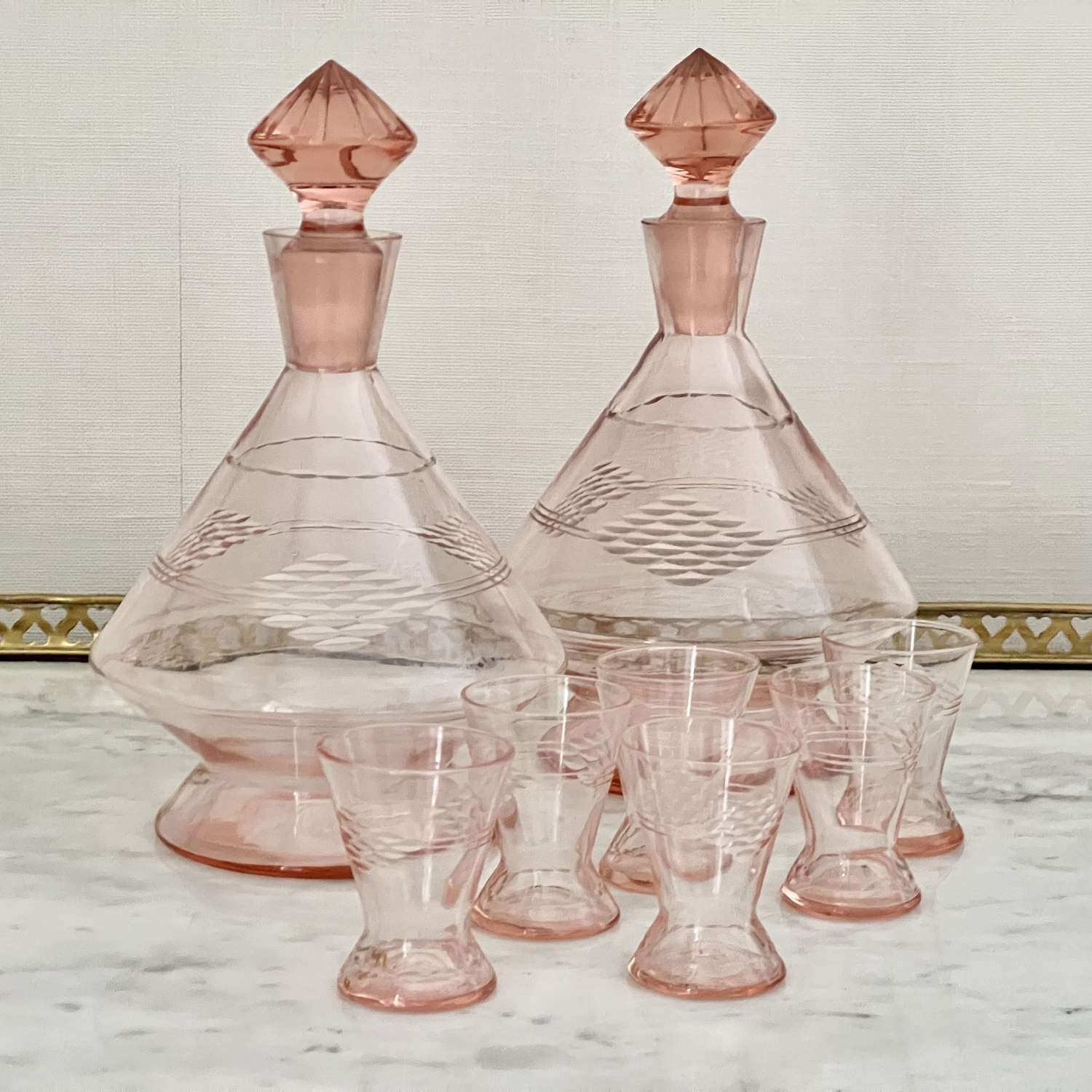 Blush Pink Art Deco Cocktail Decanter & Glasses Set