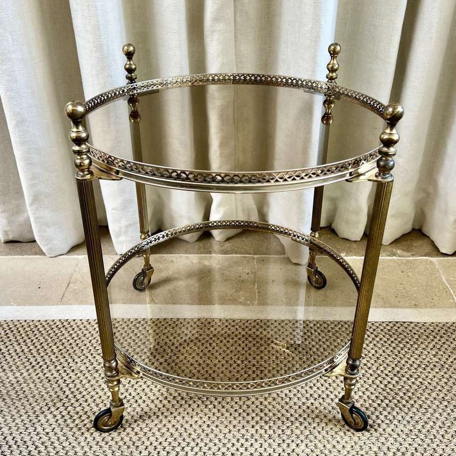 Round French Brass & Smoked Glass Cocktail Drinks Trolley