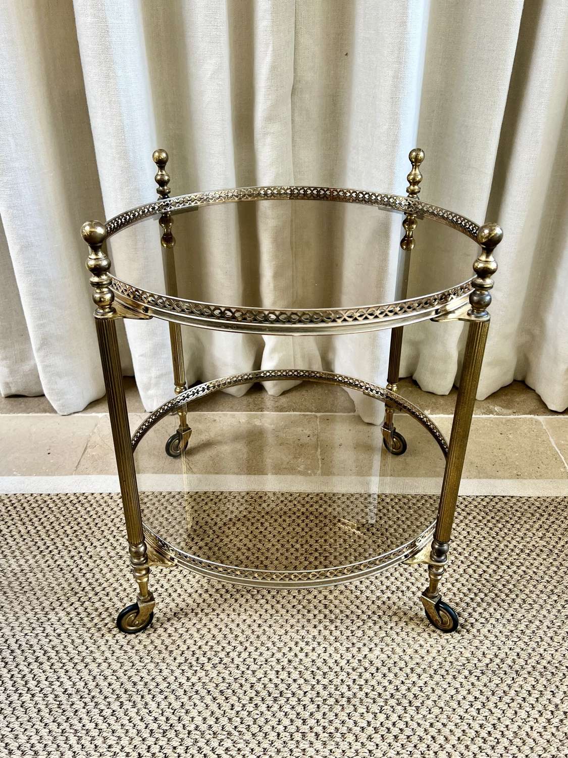 Round French Brass & Smoked Glass Cocktail Drinks Trolley