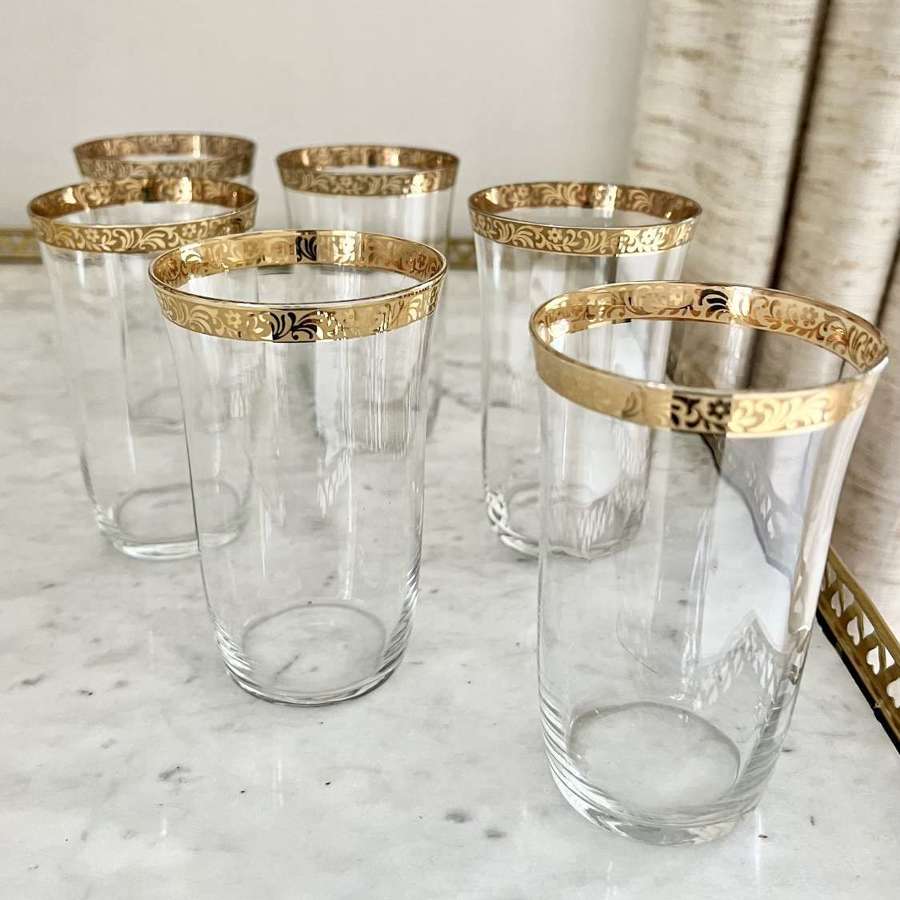 Six Italian Gold Rim Optical Glass Tumblers Circa 1970s
