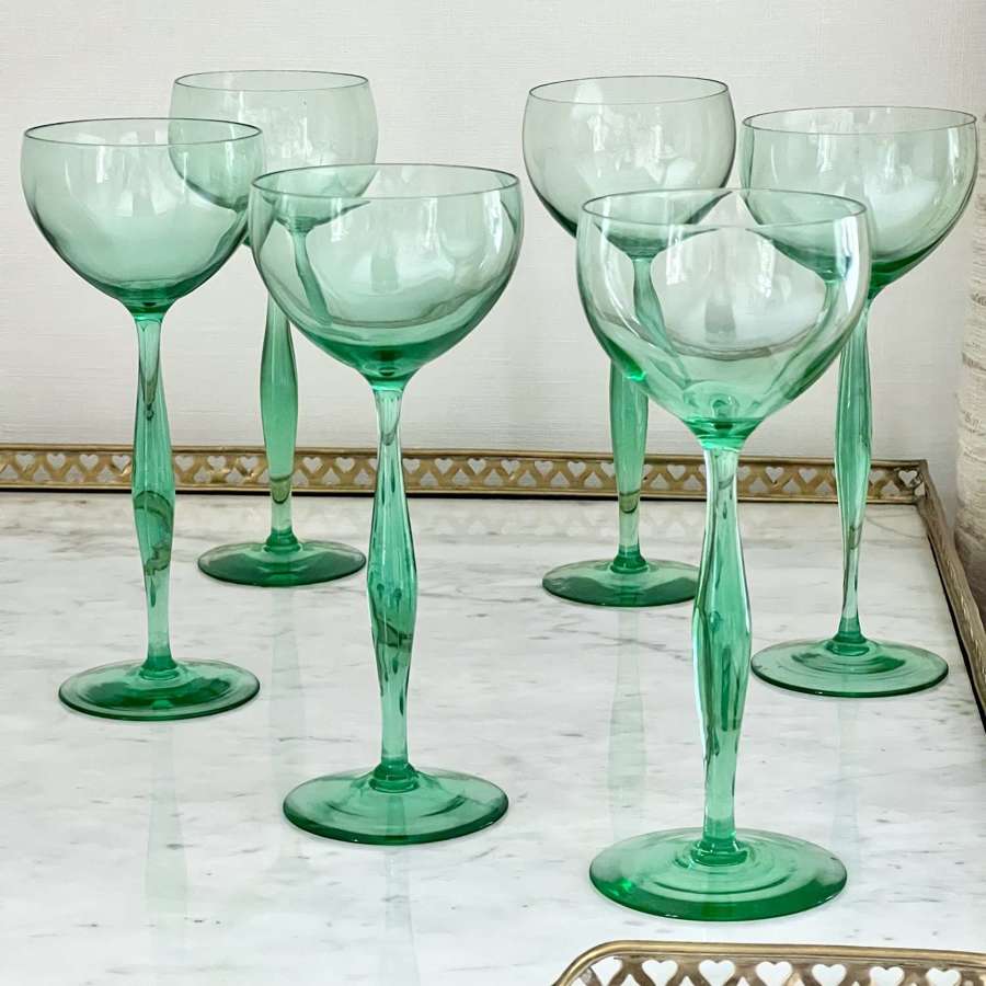 Set Of 6 Tall Green Hock Wine Glasses Circa 1930