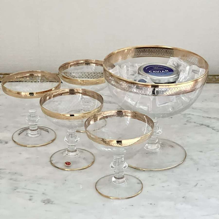 Italian Gold Rim Caviar Ice Bowl & Champagne Coupe Set