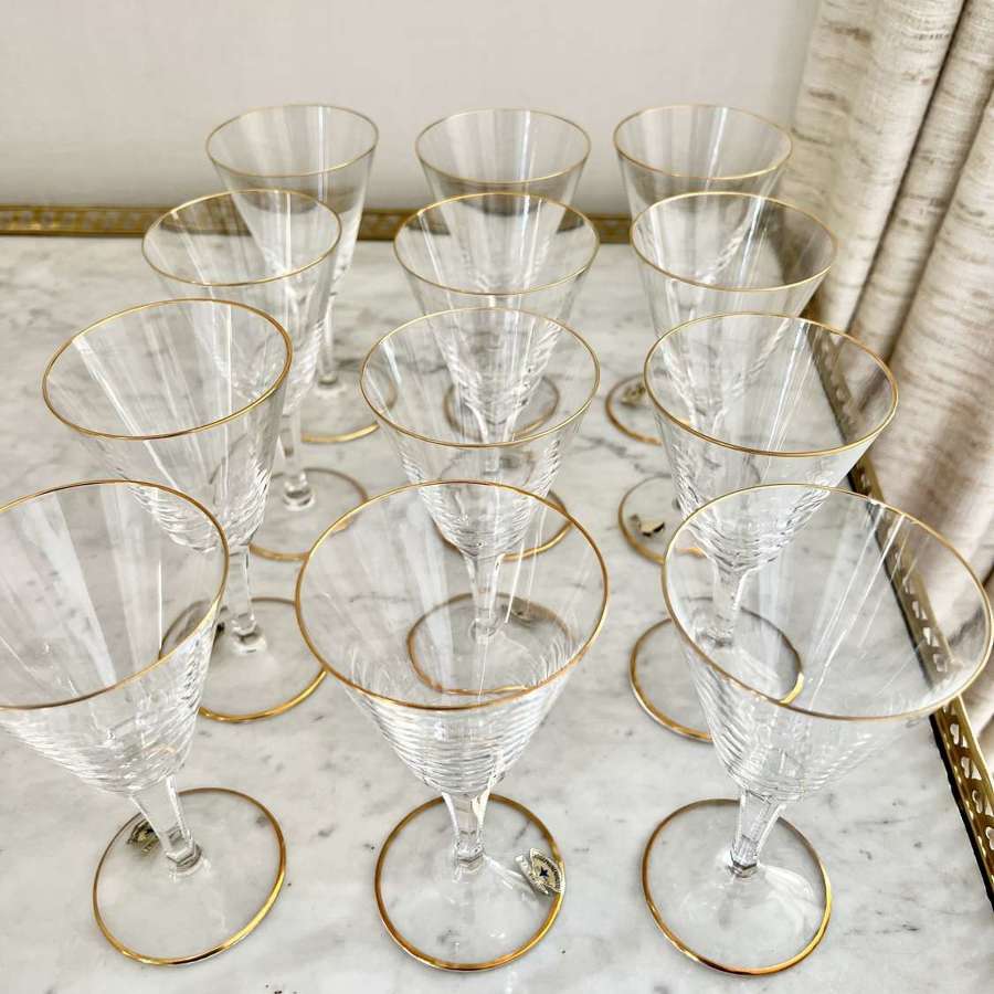 Unused Set Of Gold Rim White Wine Glasses Circa 1950