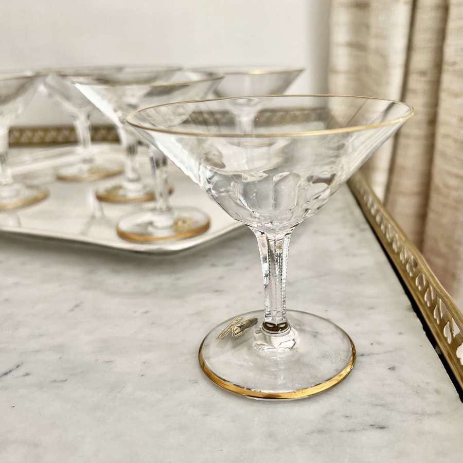 Unused Set Of Gold Rim Martini Cocktail Glasses Circa 1950