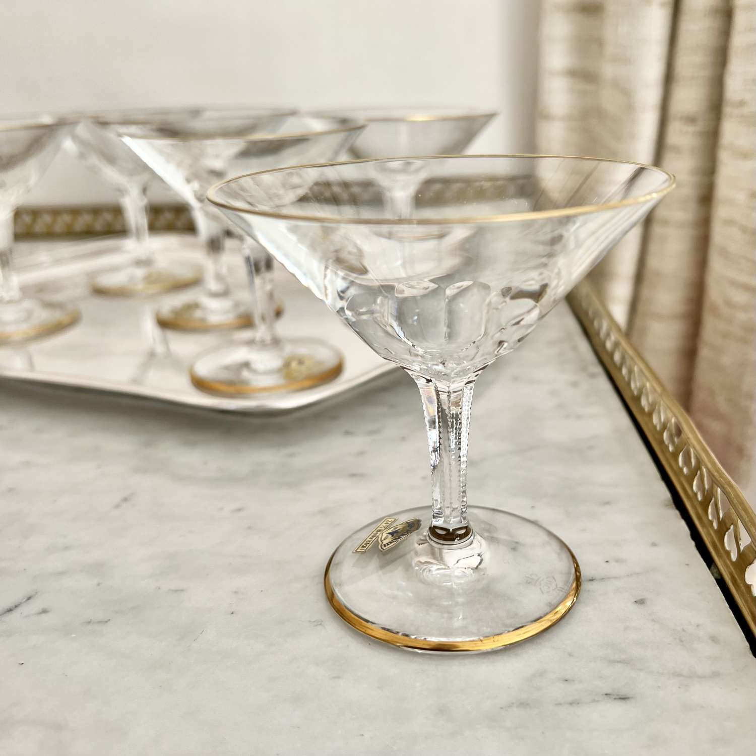 Unused Set Of Gold Rim Martini Cocktail Glasses Circa 1950