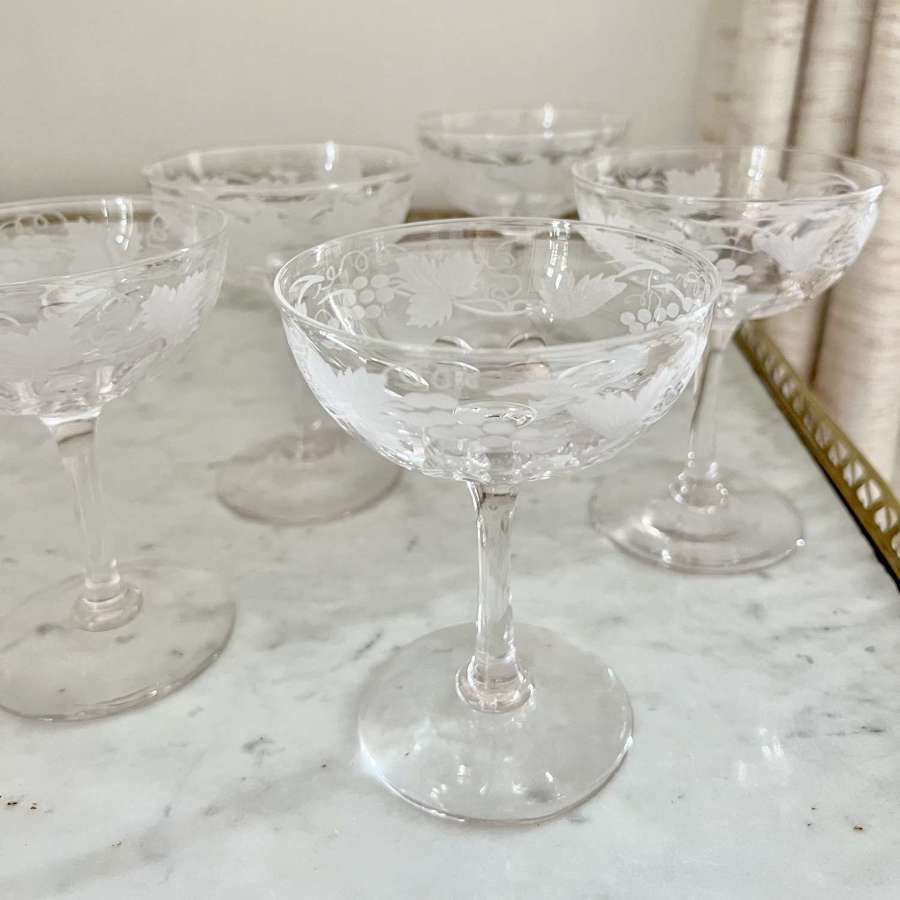 5 Superb Vine Etched Crystal Champagne Coupes Circa 1880s