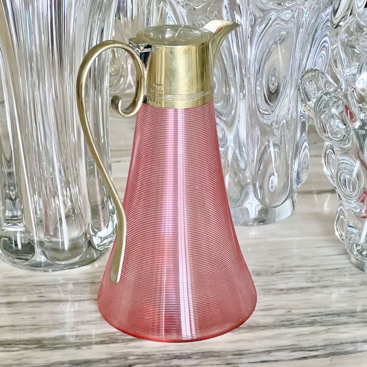 Rare English Pink Ribbed Glass Claret Wine Jug Circa 1890