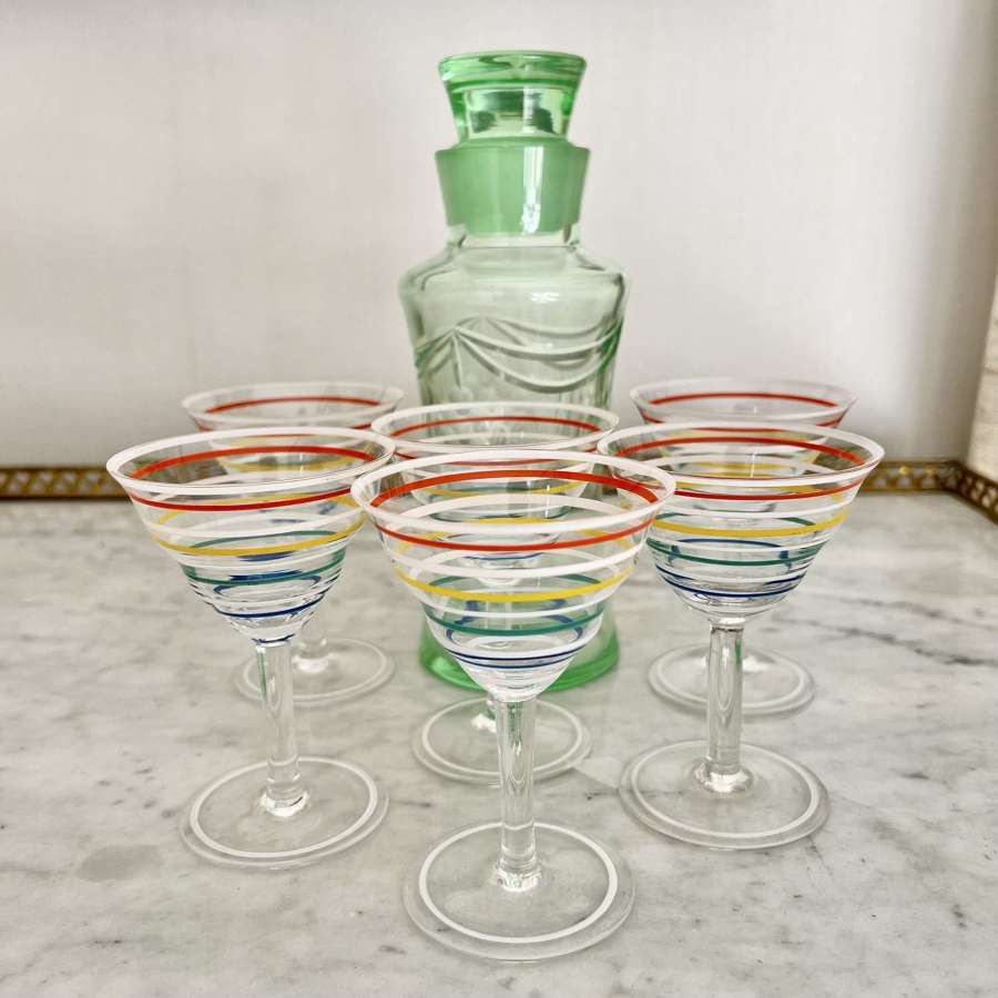 Colourful Art Deco Etched Cocktail Decanter & Striped Glasses