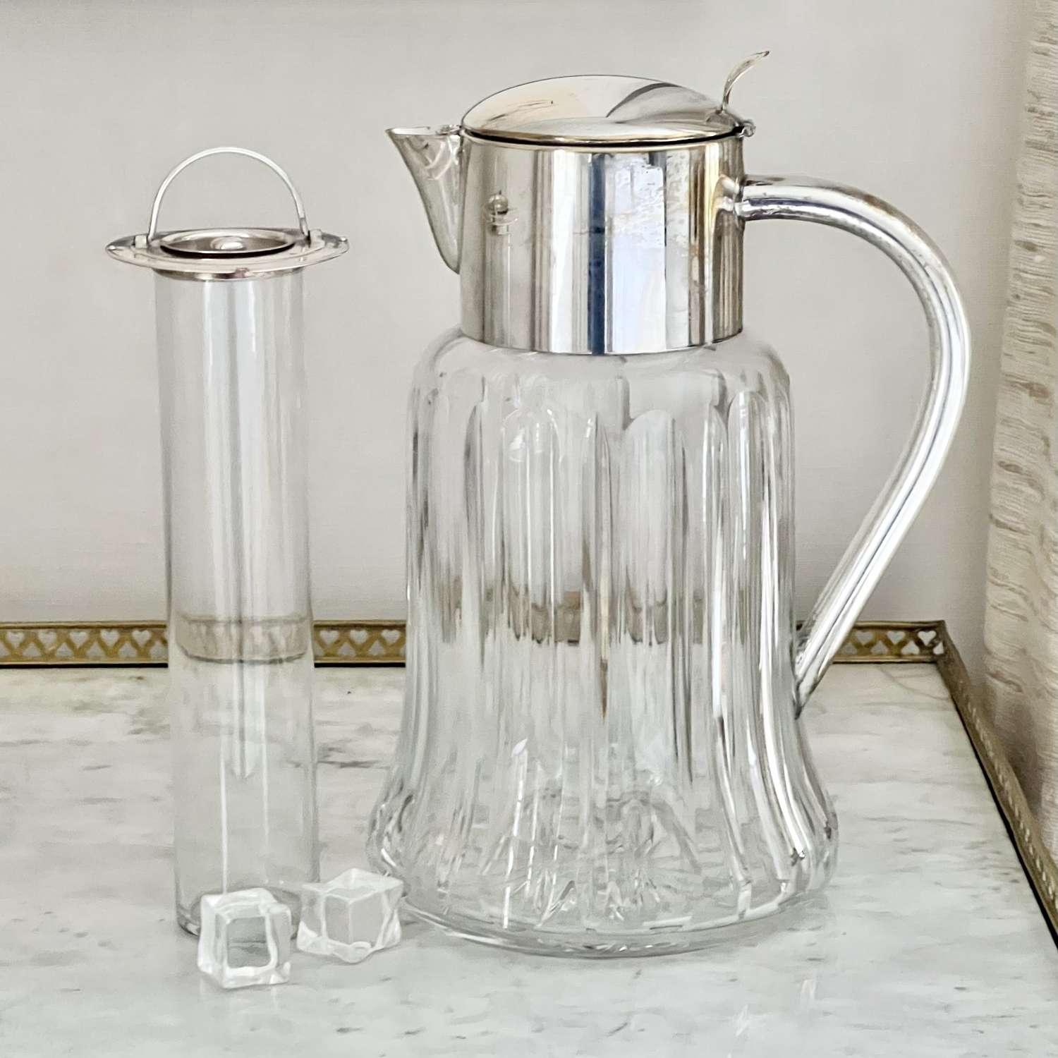 Mid Century Crystal & Silver Plated Cocktail Cooling Jug