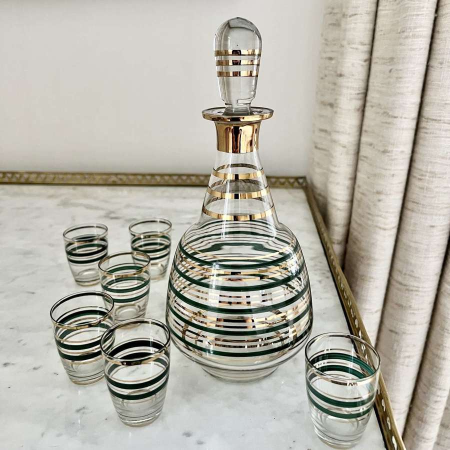 Forest Green & Gold Stripe Cocktail Decanter & Tumblers