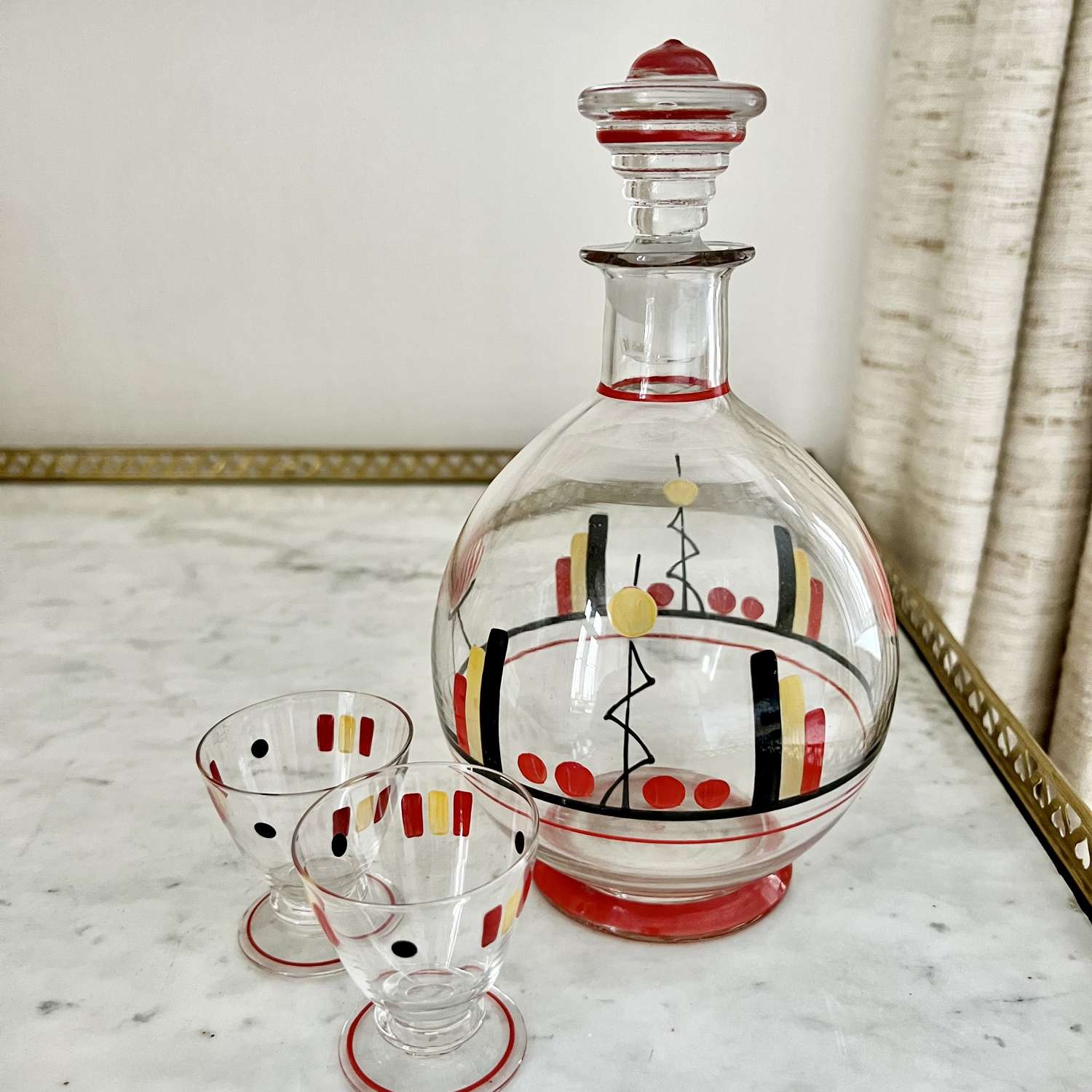 Jazzy French Hand Enamelled Glass Decanter Circa 1950s